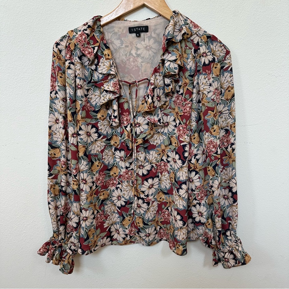 1. State Floral Ruffle Long Sleeve Career Blouse XL